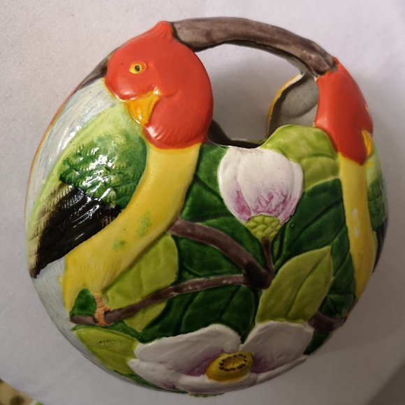 Vintage Ceramic Hanging Pocket with Colourful Parrots and Flowers Made in Japan - Picture 3 of 6